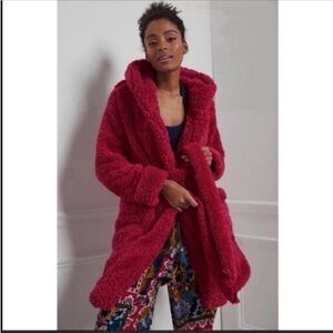 Anthropologie Sherpa Hooded Robe Magenta Belted Cozy Lounge Coat Large NWT